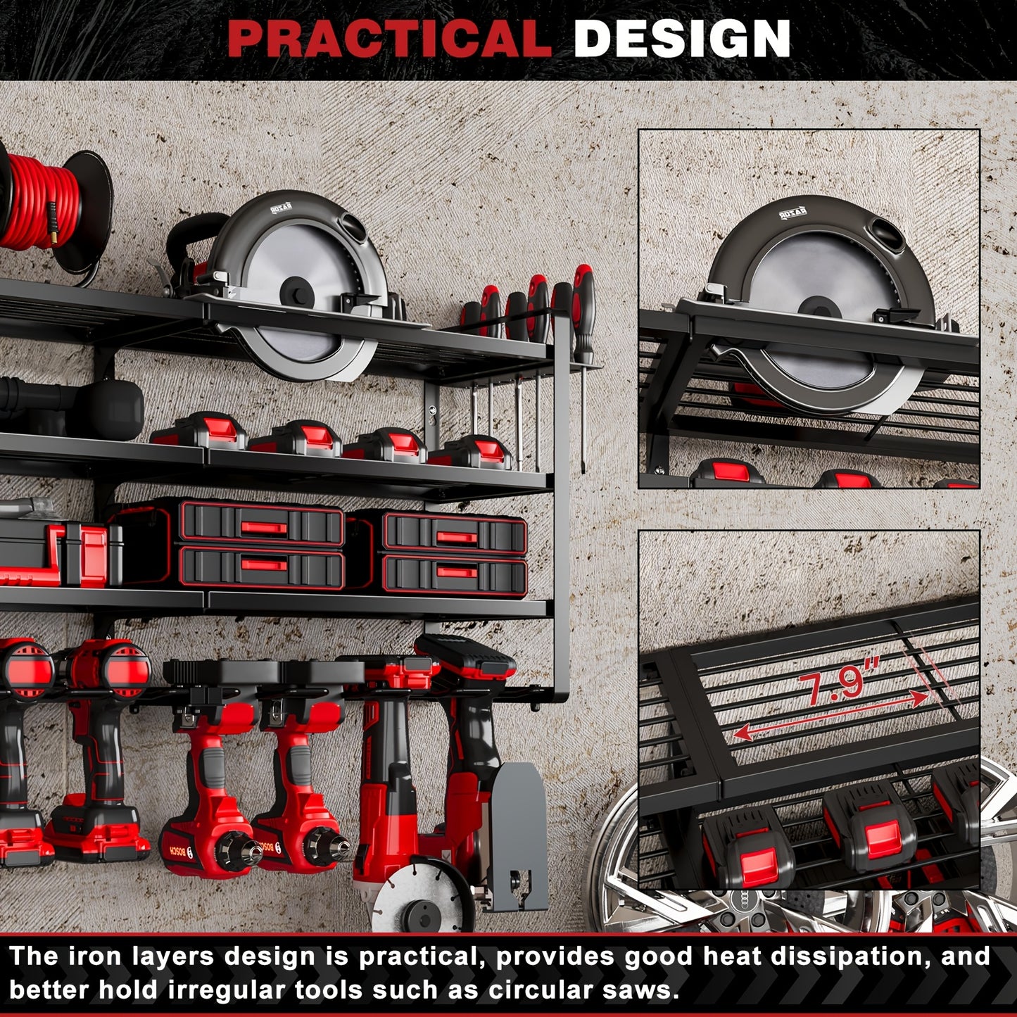 Heavy-Duty 4-Tier Wall-Mounted Power Tool Organizer with 12 Cordless Drill Slots