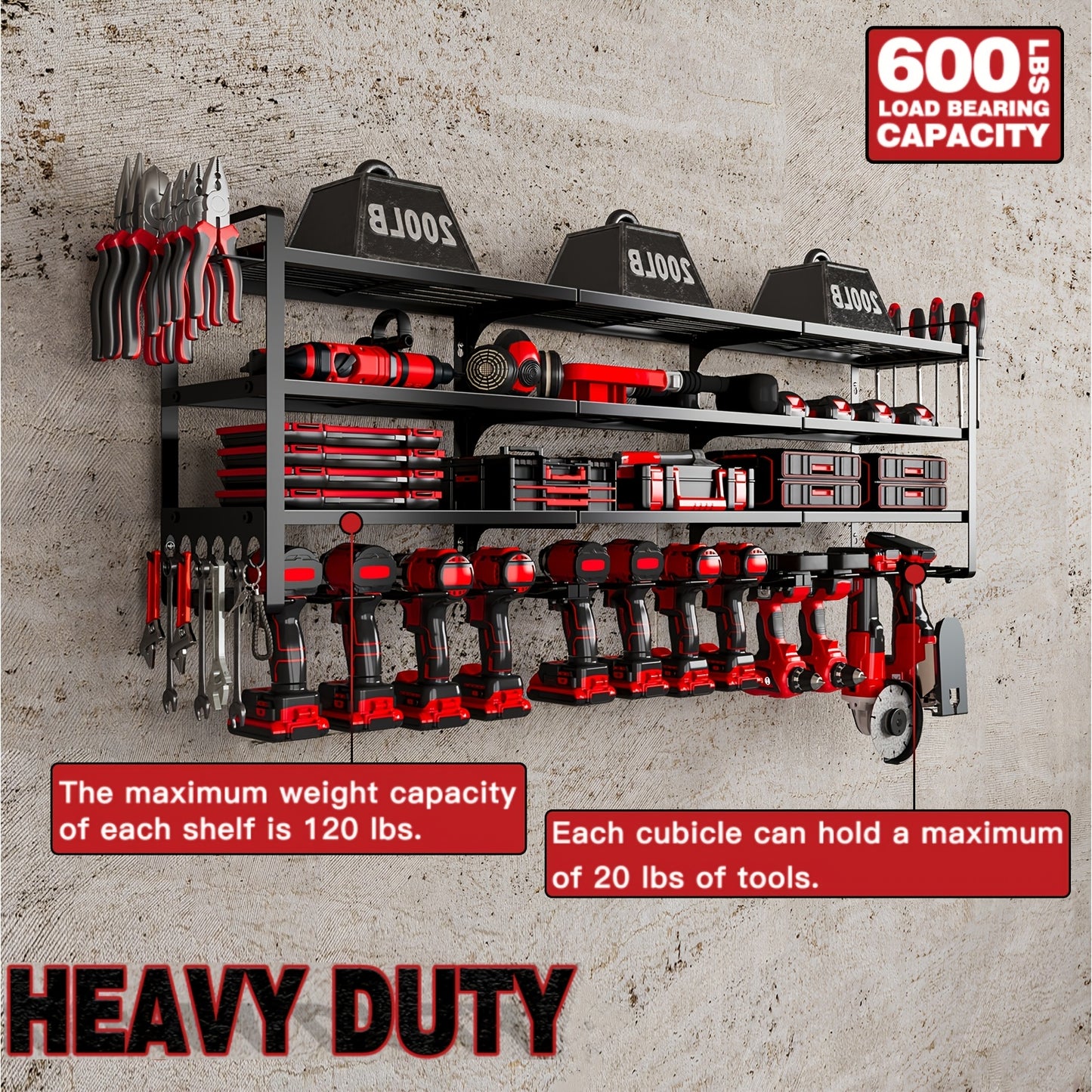 Heavy-Duty 4-Tier Wall-Mounted Power Tool Organizer with 12 Cordless Drill Slots