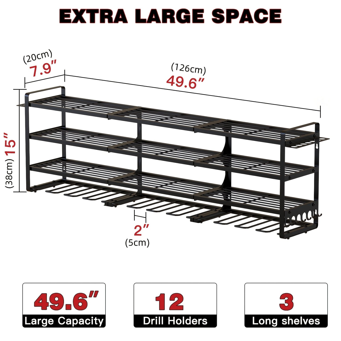 Heavy-Duty 4-Tier Wall-Mounted Power Tool Organizer with 12 Cordless Drill Slots