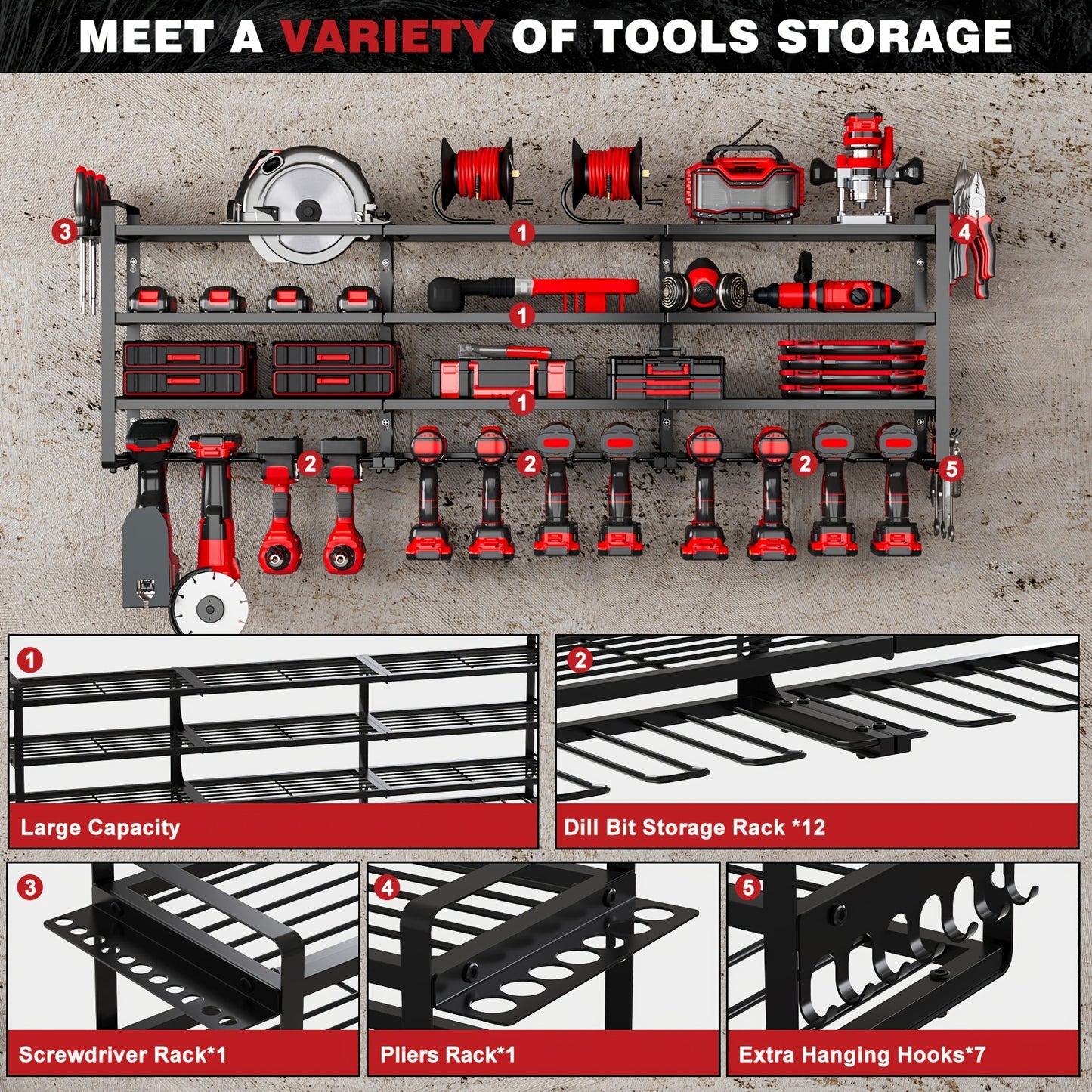 Heavy-Duty 4-Tier Wall-Mounted Power Tool Organizer with 12 Cordless Drill Slots